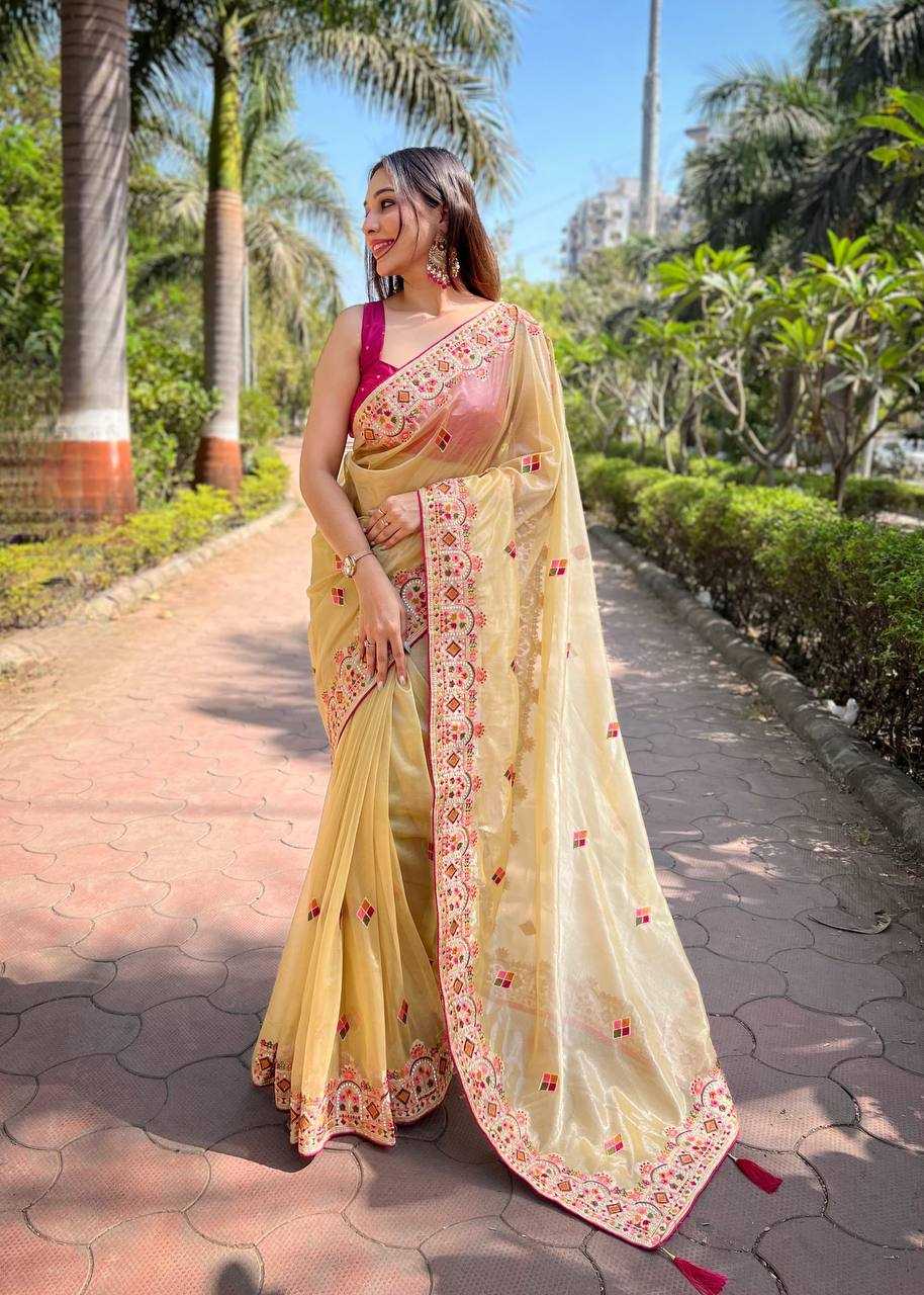 Twill Net  Embroidered Lace Border Stone Work Zari Saree